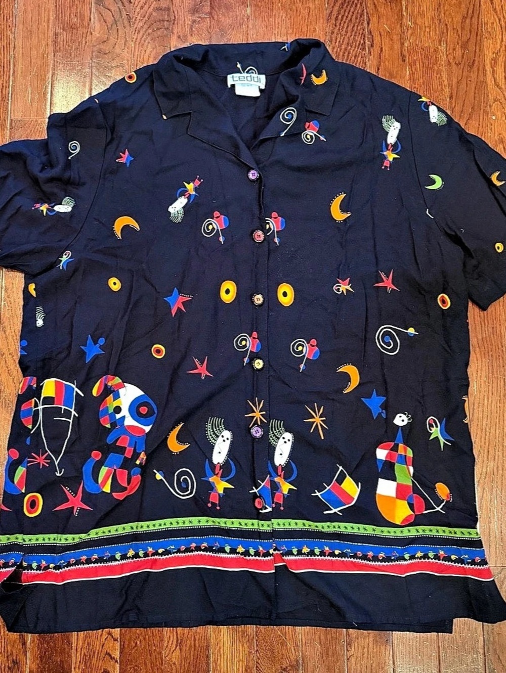 VTG 90s Teddi Joan Miro Novelty Blouse Rayon Abstract Whimsygoth Art Teacher Top